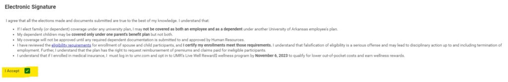 a screenshot of the open enrollment electronic signature statement with the "i accept" section highlighted for reference.