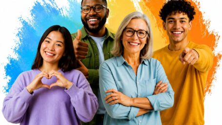 Cheerful team spirit group photo in vibrant hues