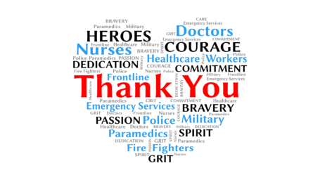 Thank you wordcloud for coronavirus covid-19 to nurses doctors healthcare and frontline workers heart shape with text for bravery and courage
