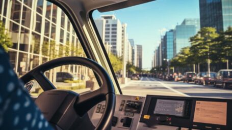 the view of the steering wheel on a shuttle bus