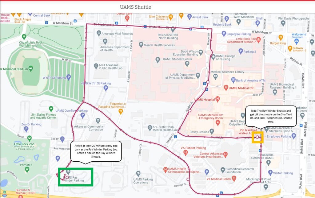 An image of the Ray Winder Shuttle Route. It includes text bubbles showing where to get on the shuttle and exit. Get on the shuttle at the Ray Winder Shuttle stop at the Ray Winder parking lot. The shuttle will stop at Cottage Drive first (in front of UAMS Health - Orthopaedic and Spine Hospital). After the shuttle makes a left at Jack T. Stephens Drive, the shuttle will make another left onto Shuffield Drive. The second stop will be Jack T Stephens Drive and Shuffield Drive. You will get off the shuttle for Orientation Day at this stop.