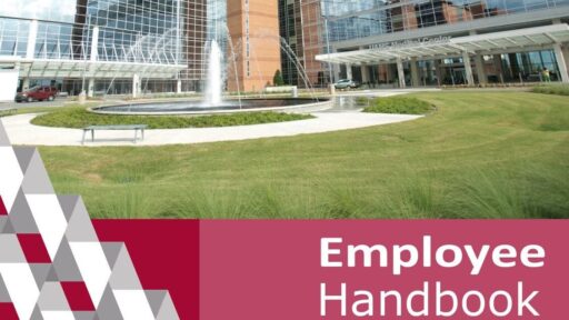 Photo of UAMS Fountain with the words Employee handbook